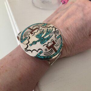 Vintage American Indian inlaid silver, turquoise and coral, Artisanal